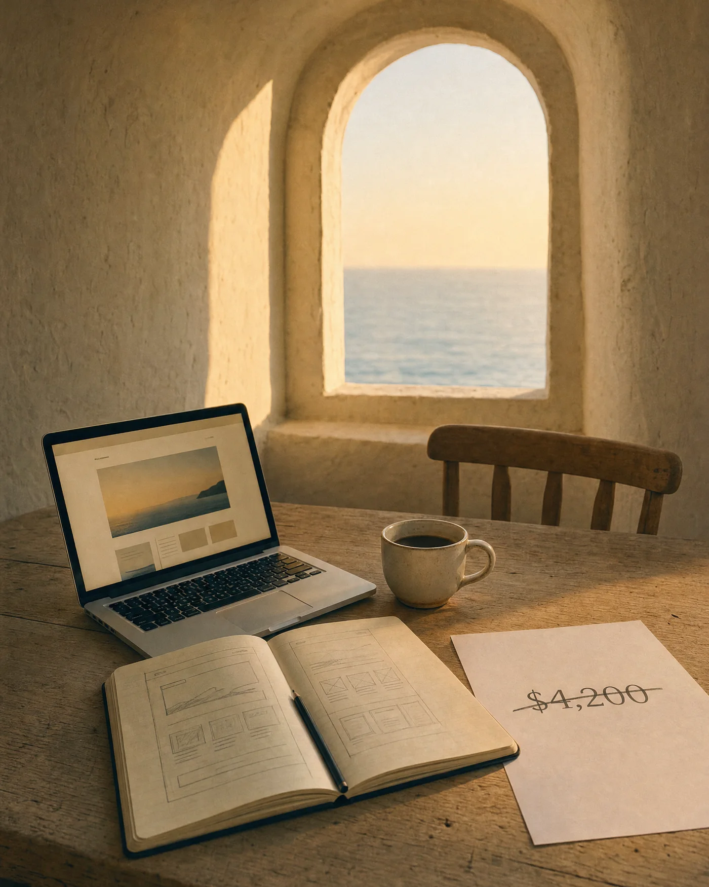 Braxen workspace — Mediterranean light, web design notebook and a crossed-out old quote